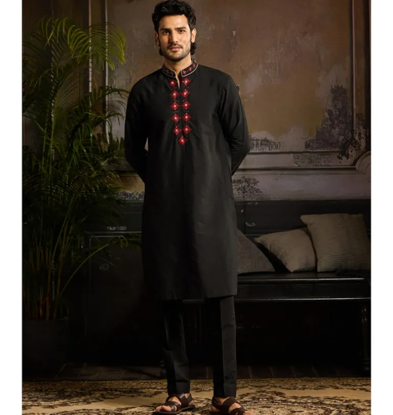 Black With Maroon Butta Embroidery Zip Detailed Kurta Paired With Black Pants