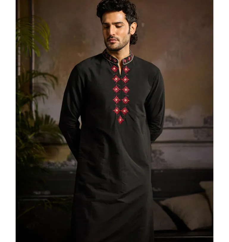 Black With Maroon Butta Embroidery Zip Detailed Kurta Paired With Black Pants