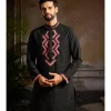 Black With Maroon Zig Zag Yoke Embroidered Kurta Paired With Black Pants