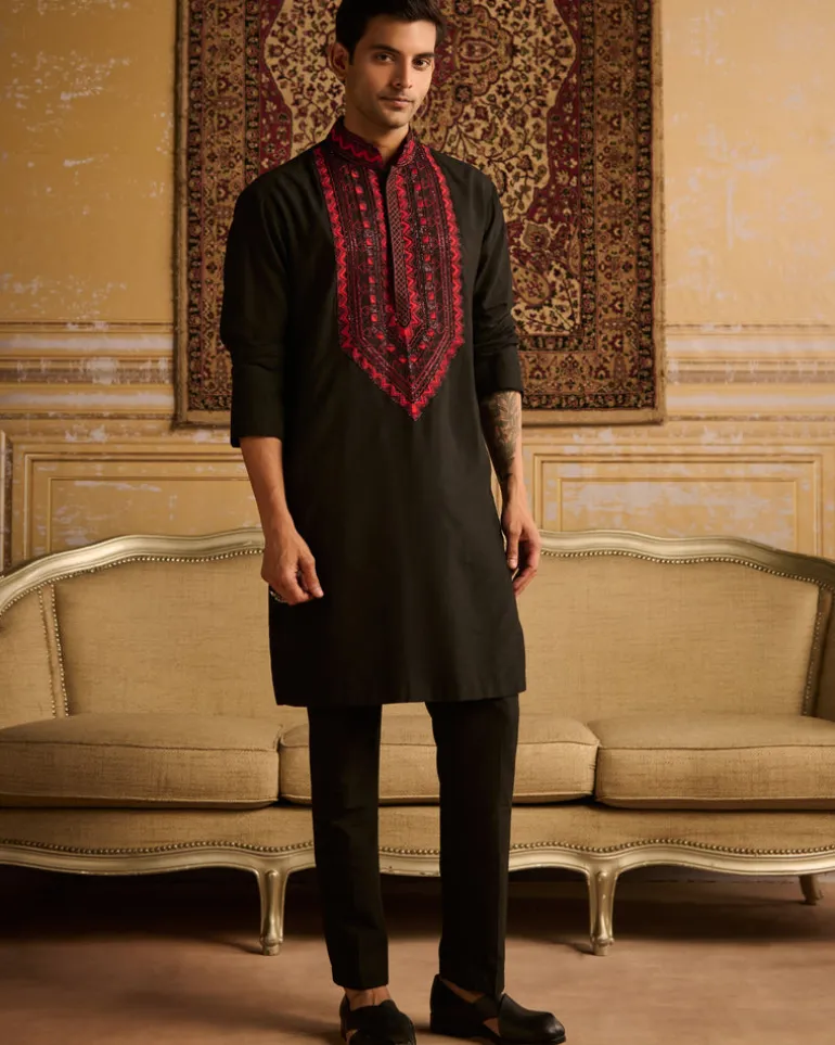 Black With Red Yoke Embroidered Kurta With Black Pants