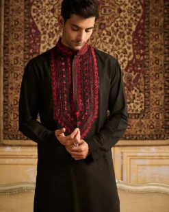 Black With Red Yoke Embroidered Kurta With Black Pants