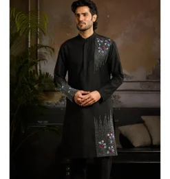 Black With Silver & Colorful Floral Motif Kurta Paired With Black Pants