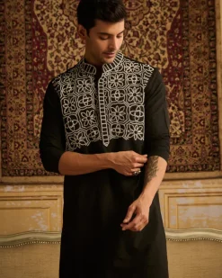 Black With White Thread & Beads Embroidered Kurta With Black Pants