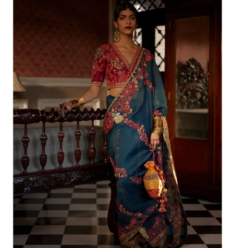 Blue Altaf Organza Sari Set
