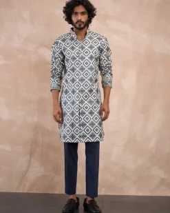 Blue & Charcoal Dice Front Open Edge Cut Kurta Set