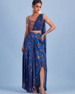 Blue Bale Printed Asymmetrical Skirt Set