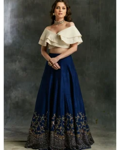 Blue Border Lehenga With Off Shoulder Wrap Crop Top