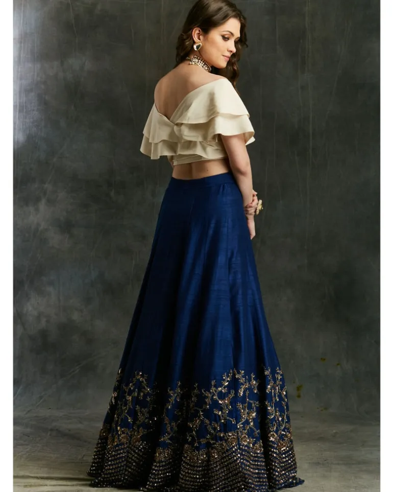 Blue Border Lehenga With Off Shoulder Wrap Crop Top