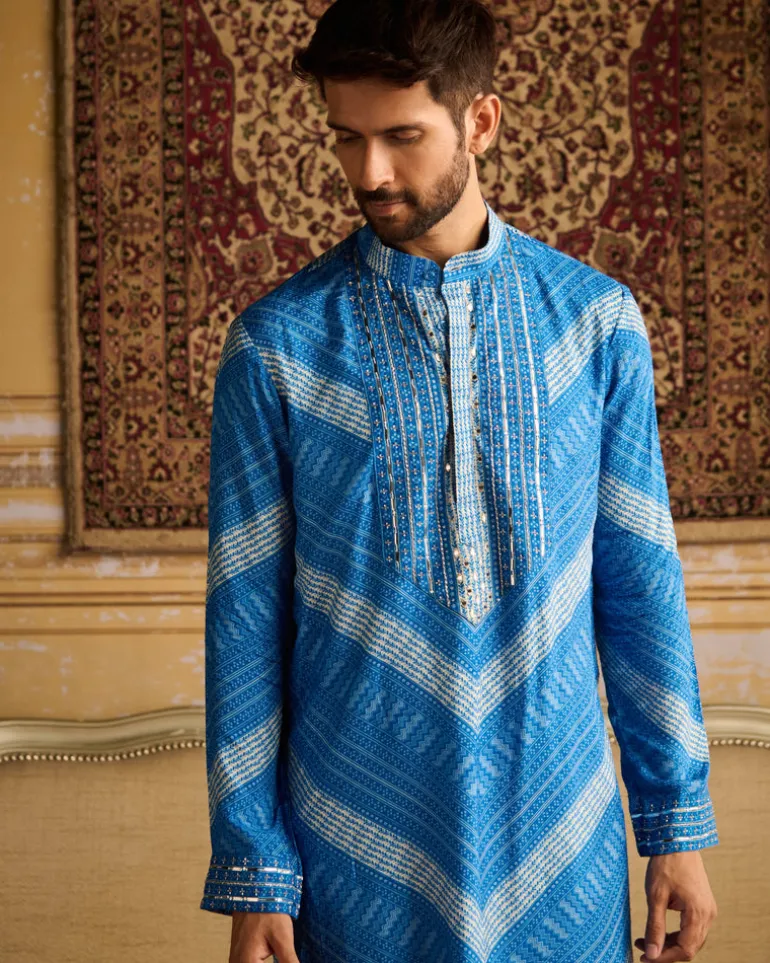 Blue Chevron Print & Embellished Kurta With Solid Blue Pants