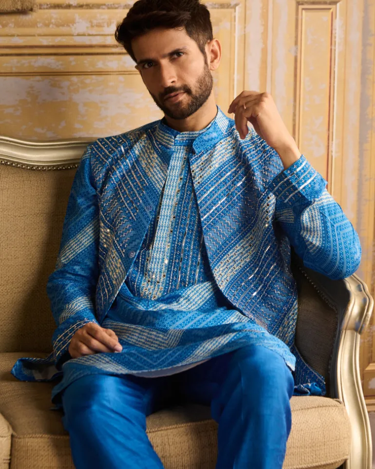 Blue Chevron Print & Embellished Kurta With Solid Blue Pants