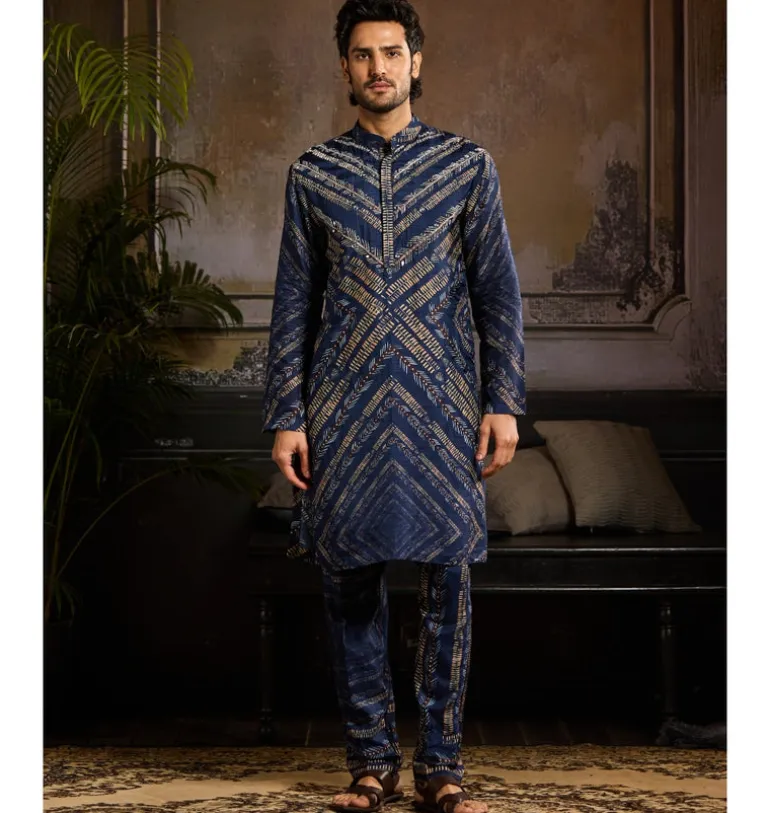 Blue Chevron Print & Silver Highligted Kurta Paired With Printed Pants
