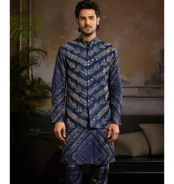 Blue Chevron Print With Silver Highligted Bundi And Kurta Paired With Printed Pants