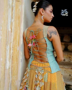 Blue Corset & Mustard Lehenga Set