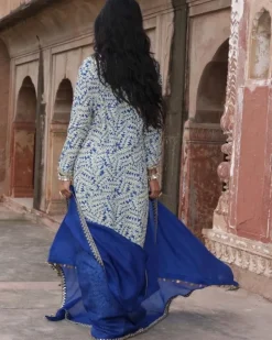 Blue Fire Print Hand Embroidered Kurta Set