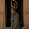 Blue Fire Print Ruffle Sari Set