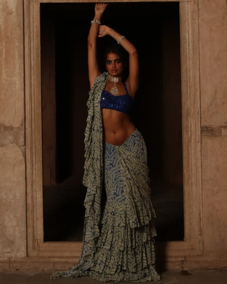 Blue Fire Print Ruffle Sari Set