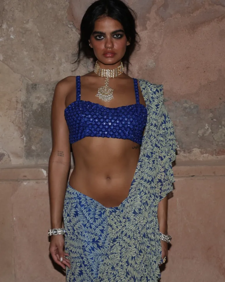 Blue Fire Print Ruffle Sari Set