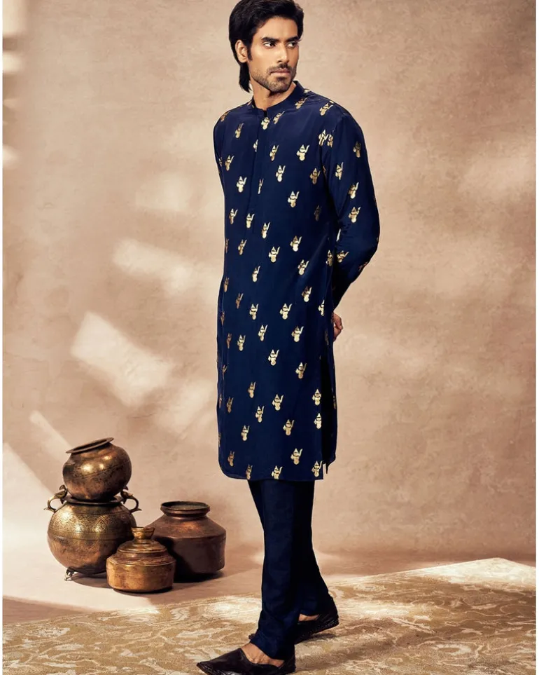 Blue Ganesha Foil Kurta Set