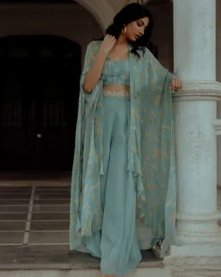 Blue Georgette Printed Jacket Set