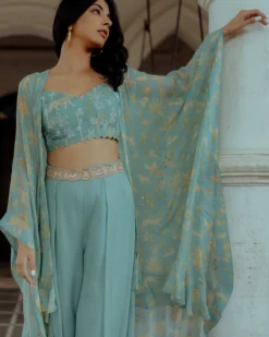 Blue Georgette Printed Jacket Set