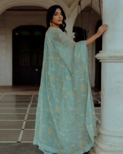 Blue Georgette Printed Jacket Set