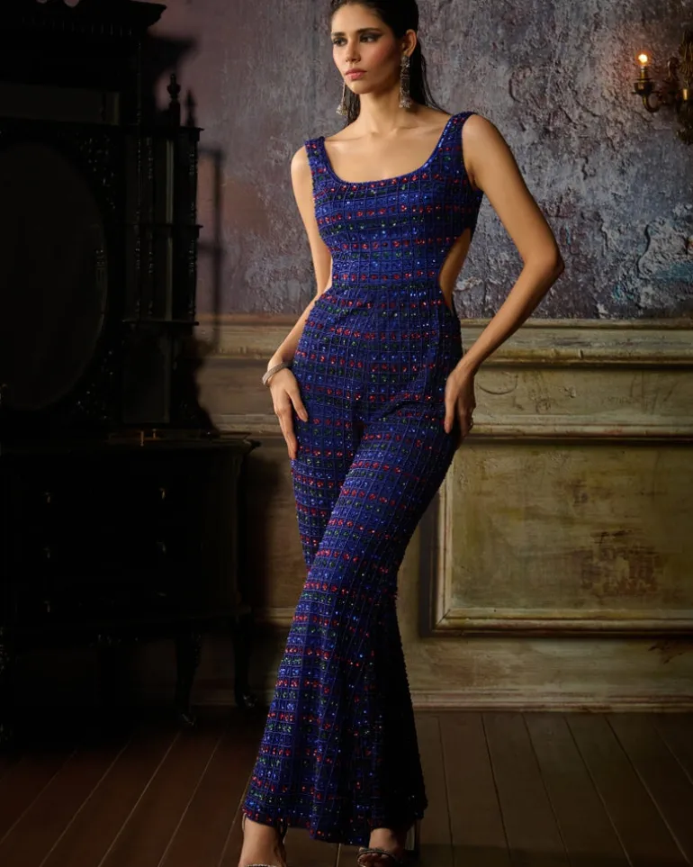 Blue Green And Red Fully Embroidered Jumpsuit
