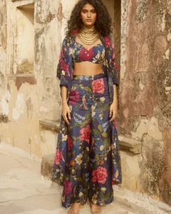Blue Habutai Floral Co-Ord Pant Set