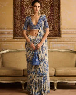 Blue Highlighted Blouse And Tiered Sari Set