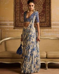 Blue Highlighted Blouse And Tiered Sari Set