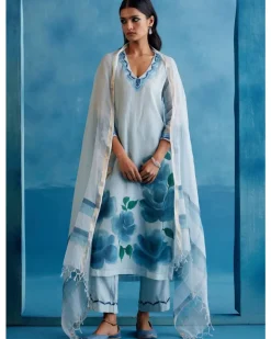 Blue Kota Silk Hand-Painted Embroidered Kurta Set