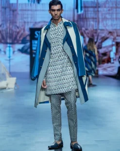 Blue Kurta Set with Stripe Trench Coat Set