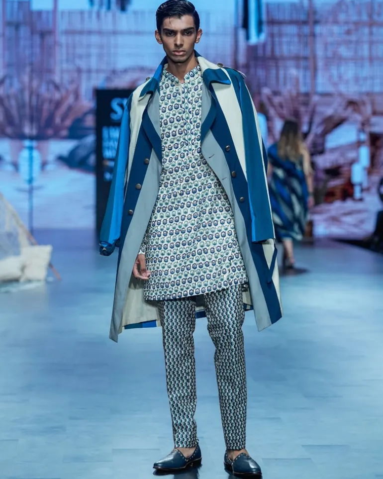 Blue Kurta Set with Stripe Trench Coat Set