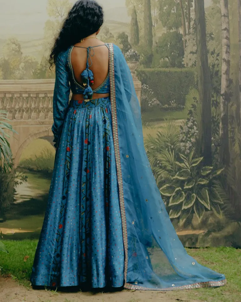 Blue Mix Print Paneled Lehenga Set