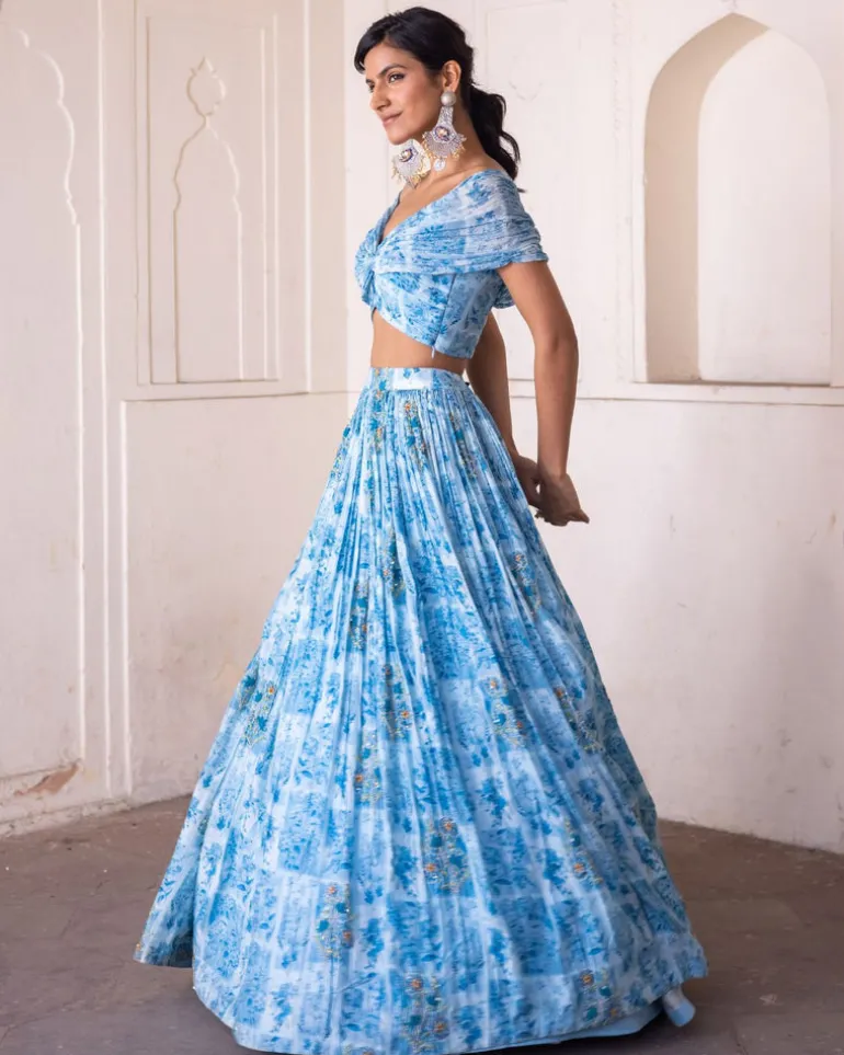 Blue Off Shoulder Lehenga Set