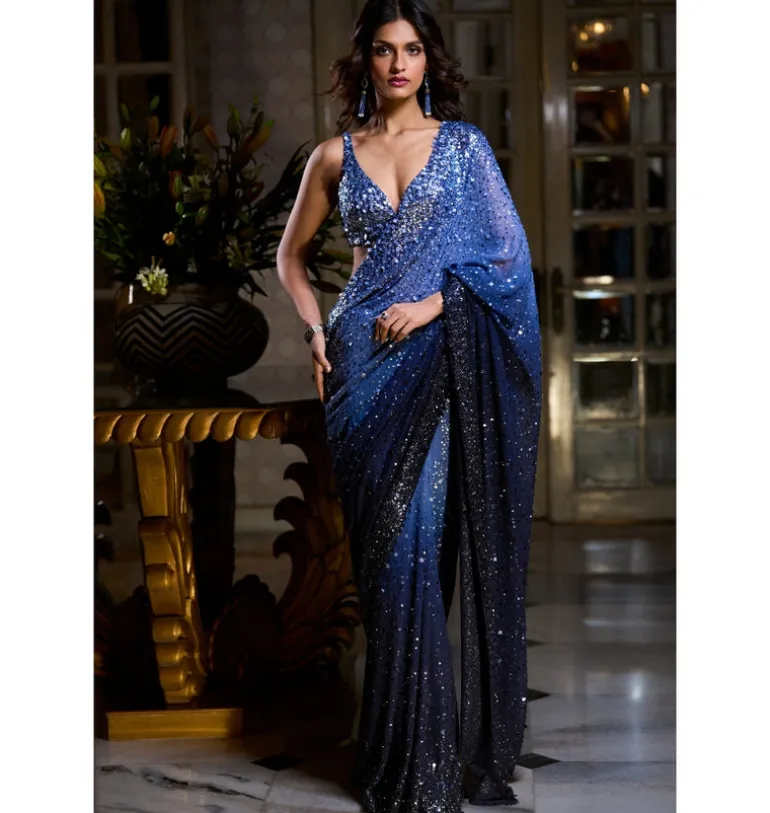 Blue Ombre Sequin Georgette Sari