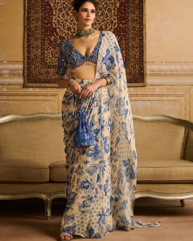 Blue Print Highlighted Blouse And Sari Set