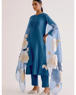 Blue Silk Chanderi Hand-Painted Kurta Set