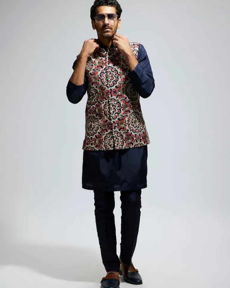 Blue Silk Embroidered Bandi Set