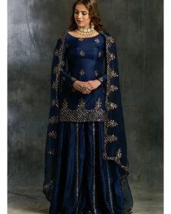 Blue Silk Sharara With Net Dupatta