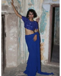 Blue Solid Ruffle Sari Set