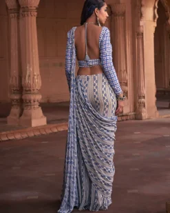 Blue Stripe Print and Highlighted Sharara Sari Set