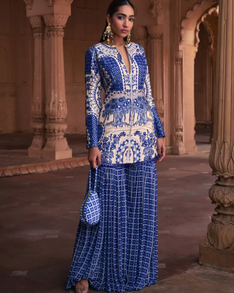 Blue Thikri Print and Highlighted Jacket Set