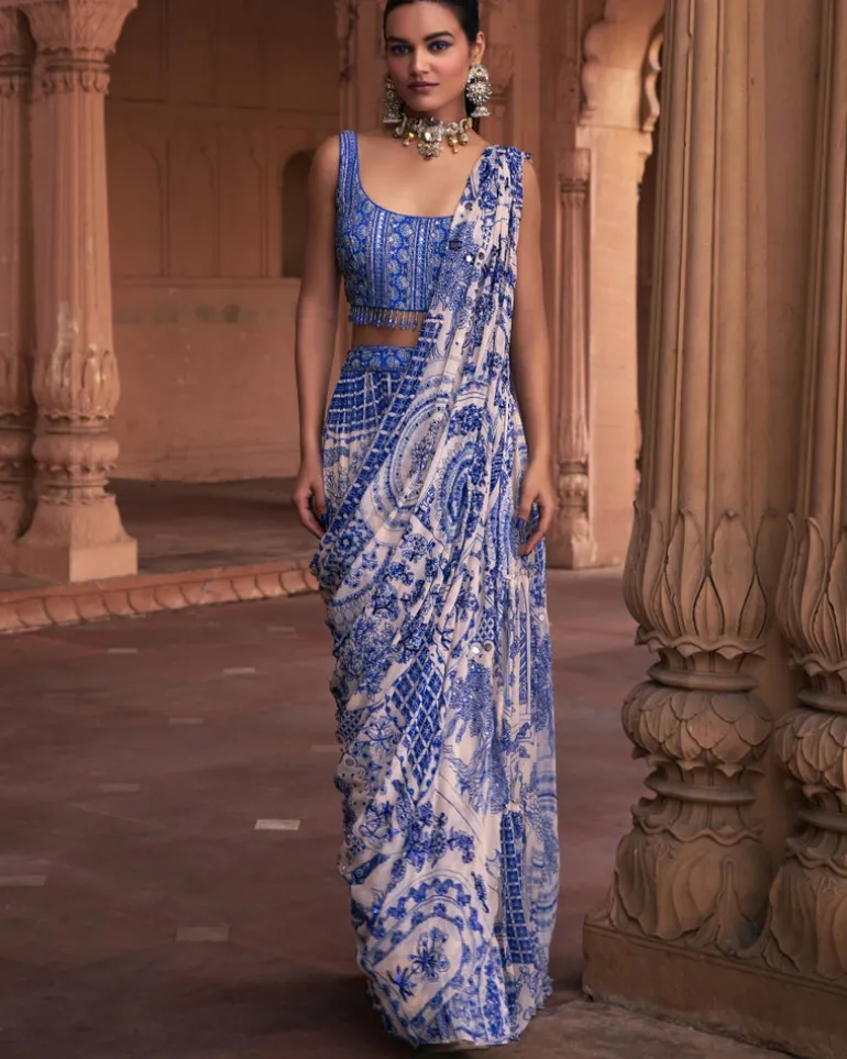 Blue Thikri Print and Highlighted Sari Set