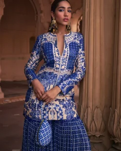 Blue Thikri Print and Highlighted Jacket Set