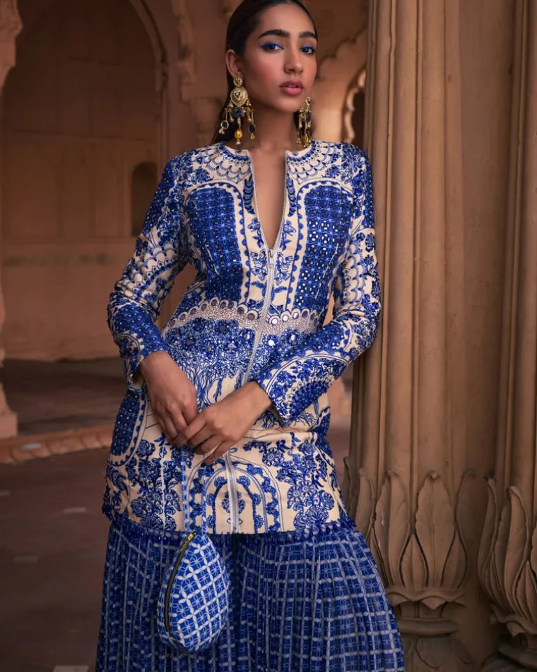 Blue Thikri Print and Highlighted Jacket Set