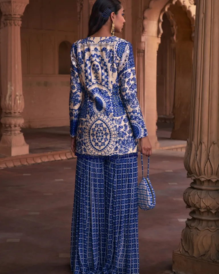 Blue Thikri Print and Highlighted Jacket Set