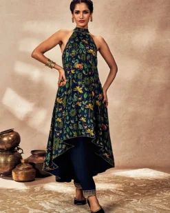 Blue Tropical Rhapsody Halter Neck Tunic Set
