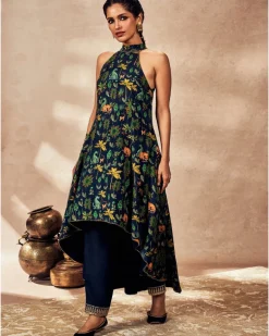 Blue Tropical Rhapsody Halter Neck Tunic Set
