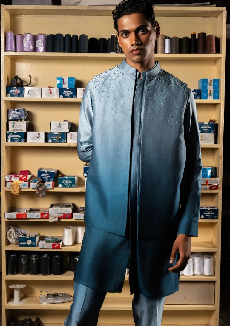 Blue Yaara Open Bandi With Matching Kurta Pajama Set