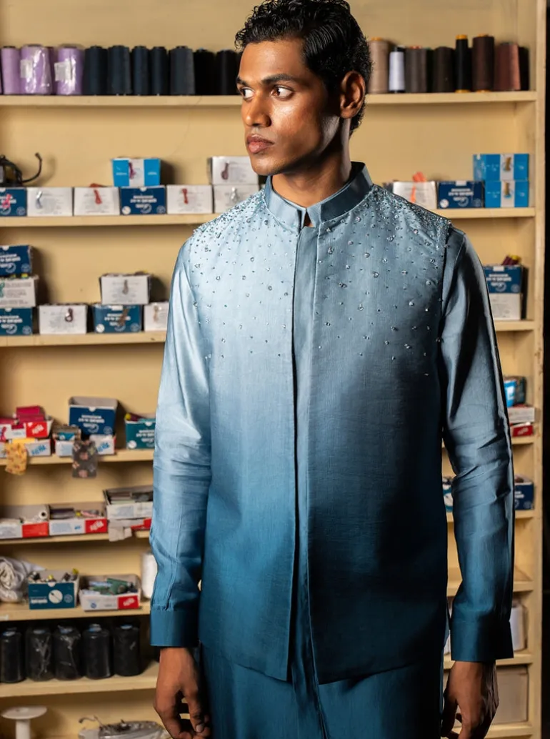 Blue Yaara Open Bandi With Matching Kurta Pajama Set